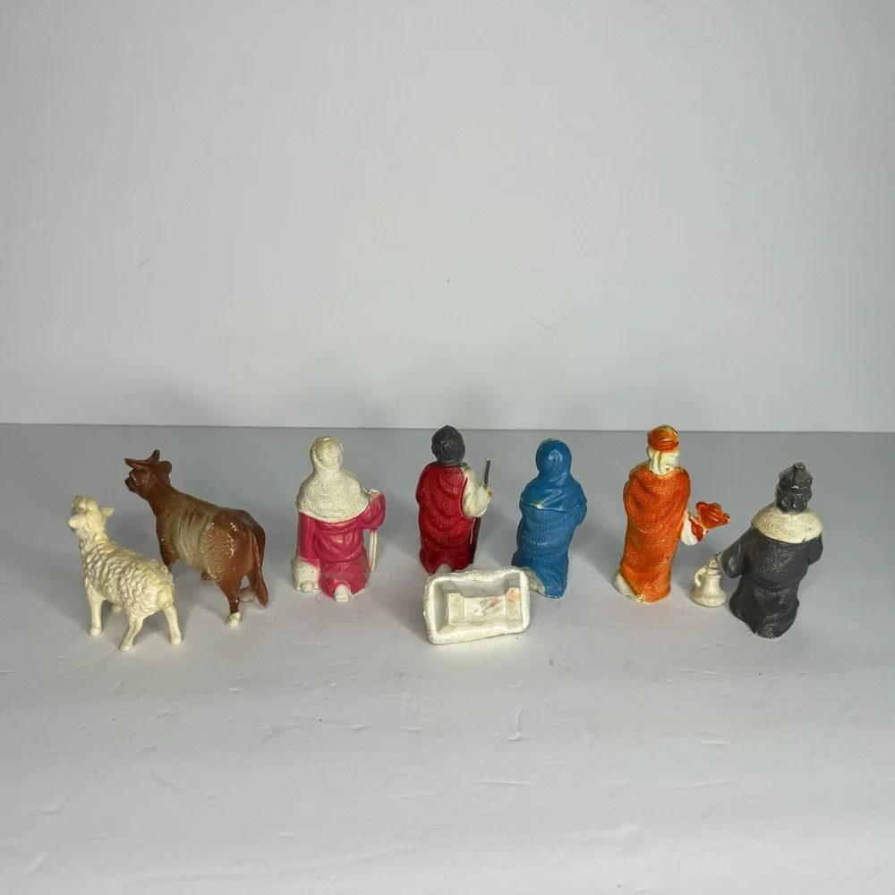 Vintage Miniature Blowmold 8 Piece Partial Nativity‎ Set Jesus Mary and Joseph